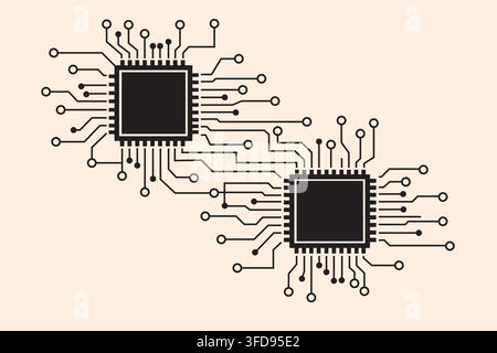 A conceptual illustration of two digital microchips connected by circuit board lines, representing data transfer and communication in technology. Stock Vector