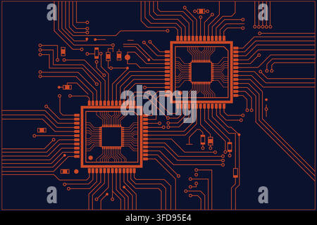 A detailed illustration of a printed circuit board with two microchips and complex copper traces on a dark blue background. Stock Vector