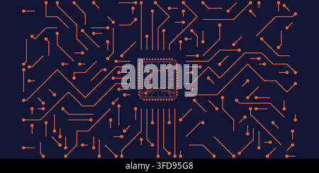 Abstract digital circuit board background with a central processor chip and intricate glowing orange lines on a dark blue surface Stock Vector