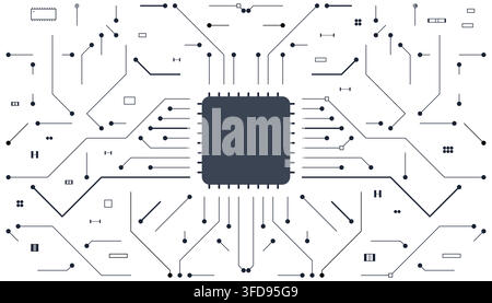 Futuristic electronic circuit board design with a central CPU chip, interconnected data lines, and electronic components on a clean white background. Stock Vector
