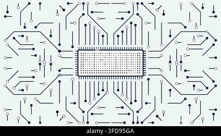 Digital technology background featuring a stylized electronic circuit board design with a central microchip and interconnected data lines. Stock Vector