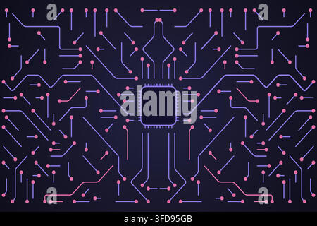 Vector illustration of a futuristic circuit board pattern with a central microchip, representing data processing and electronic connectivity. Stock Vector