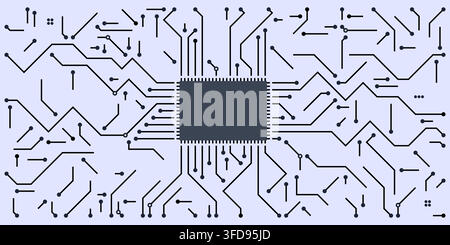 Abstract technological background featuring a central microchip processor connected to complex electronic circuit board lines and data pathways. Stock Vector