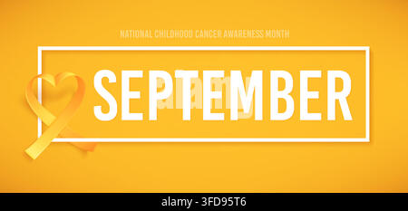 Graphic design template featuring yellow awareness ribbon forming heart shape on bright background. This supportive emblem highlights hope and helps raise awareness for childhood cancer in September Stock Vector