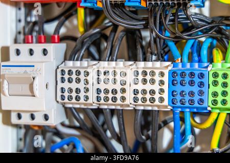 Detailed shot of an electrical distribution box showcasing organized wiring, terminal blocks, and safety switches for power management Stock Photo