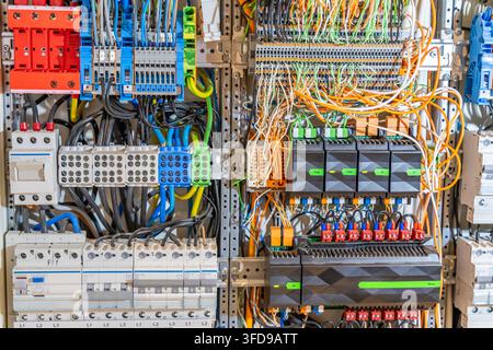 A detailed view of an industrial electrical control panel showcasing intricate wiring and various circuit protection devices Stock Photo