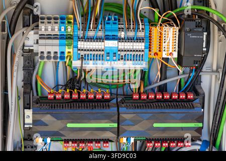 An organized industrial electrical panel with terminal blocks, relays, and power supply units, showcasing intricate wiring and connections Stock Photo