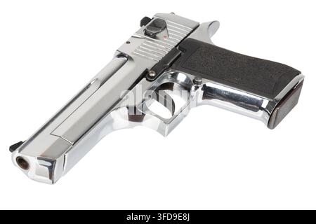 Chrome-finished Desert Eagle semi-automatic pistol with black textured grip, photographed in close-up and isolated on a white background. Studio produ Stock Photo