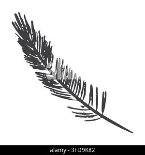 Pine branch Ink imprint vector illustration isolated on white background. Spruce twig linocut print Stock Vector