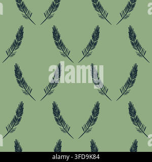 Pine branch Ink imprint seamless pattern. Christmas tree twig linocut stamp on green background Stock Vector