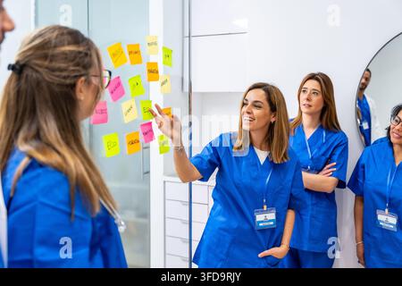 Medical professionals collaborating on strategy using sticky notes Stock Photo