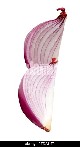Fresh unpeeled red or purple Spanish onion bulb in two slices or quarters in stack is isolated on white background with clipping path. Stock Photo