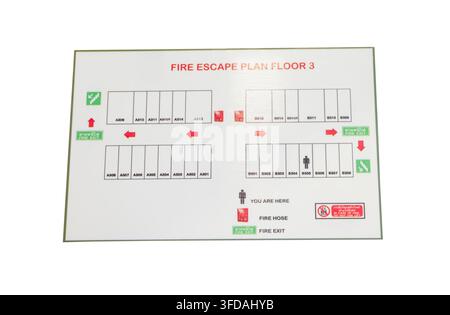 Fire escape plan map of the hotel or resort is isolated on white background with clipping path. Stock Photo