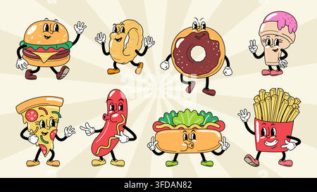Fast food and junk food retro rubber hose cartoon characters set, featuring a burger, crispy onion string, donut, ice cream, pizza slice, hot dog saus Stock Vector