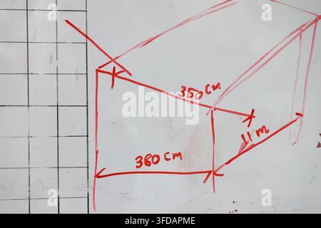 A hand drawn perspective diagram of rectangular room with red measurement lines, wall outline, ceiling plane, and handwritten dimensions for interior Stock Photo