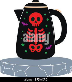 Red skeleton ghost design Teapot on a stone surface, Halloween vector illustration. Stock Vector