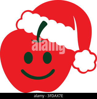 Smiling red apple wearing Santa hat, Christmas vector illustration. Stock Vector