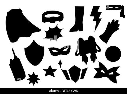 Monochrome superhero vector set. Collection of black silhouette of heroes symbols. Hand drawn shadow clip arts for stickers, cards, and banners. Stock Vector