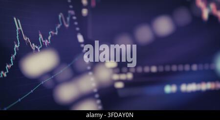 Digital trading dashboard displaying economic data analysis with blurred lights over a dark screen. Stock Photo