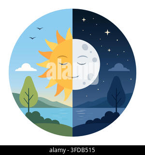 Half sun and half moon face in circle, vernal or autumnal equinox day, day and night, earth seasons, annual seasonal cycle, weather forecast, vector Stock Vector