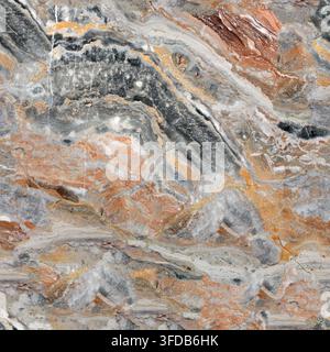 Close up of a polished multicolored marble slab showing swirling orange, grey and white veins, a seamless natural stone texture for backgrounds Stock Photo