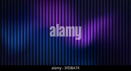 Abstract background featuring a pattern of vertical dark stripes illuminated by soft, glowing purple and blue light waves, creating a modern tech Stock Vector