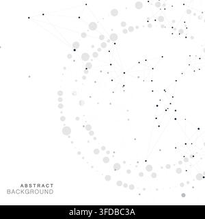 Abstract vector background featuring swirling network interconnected black dots and lines forming geometric patterns. Stock Vector