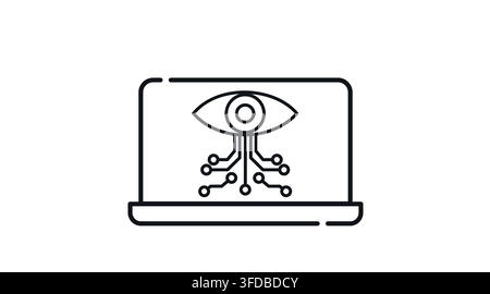 Laptop computer with AI circuit eye scanner symbol on screen vector icon. Black line art style on white background. Stock Vector