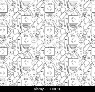 Pharmacy seamless pattern hand drawn illustration. Vector graphic line art. Treatment and health care. Medicines, painkillers and vitamins. invitation Stock Vector