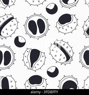 Seamless Pattern with Chestnut Hand Drawn. Black Doodles Autumn Harvest, Whole Cracked and Spiky Shells with Nut on White Background. Vector illustrat Stock Vector