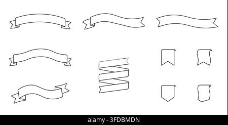 Ribbon and Bookmark Outline Icons Set, Decorative Banner Symbols Stock Vector