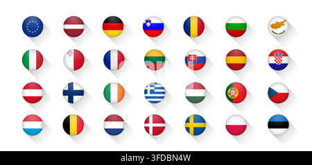 Official European Union member states national flags set in creative flat design style as vector circle icons for web interface and language selection Stock Vector