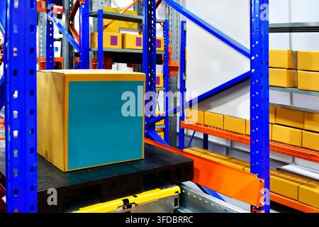 Industrial cardboard box package stored on automated racking system in smart logistics warehouse Stock Photo