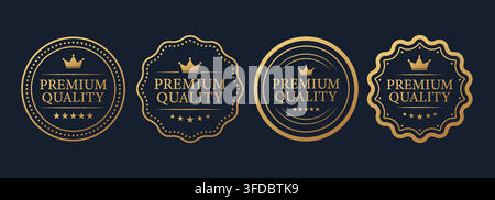 Set of luxury golden premium quality stamps and round labels isolated on dark blue background. Vector illustration Stock Vector