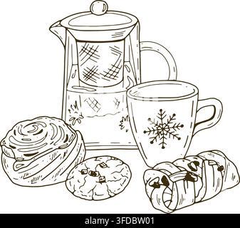 Hand drawn winter tea scene with a glass teapot, snowflake cup, cinnamon roll, cookies and pastries. Cozy seasonal illustration for cards, menus, pack Stock Vector
