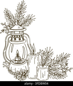 Christmas lantern, candles and fir branches in a hand-drawn line art style. Cozy seasonal illustration for cards, labels, invitations and festive wint Stock Vector