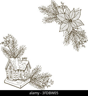 Hand drawn Christmas composition with a gingerbread house, fir branches, poinsettia and berry sprigs. Decorative winter design with negative space for Stock Vector