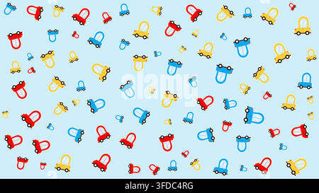 Colorful cartoon car pattern with red blue yellow on light blue background Stock Vector