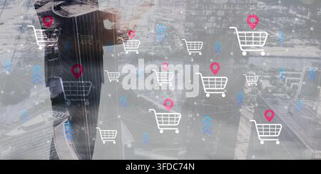 E-commerce shopping cart system for retail inventory management and location-based marketing with geolocation icons Stock Photo