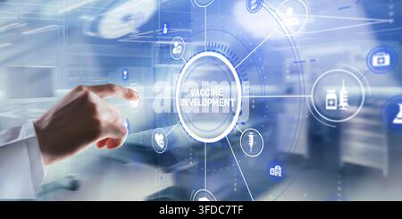 Vaccine development system for pharmaceutical research and public health with medical and digital icons Stock Photo