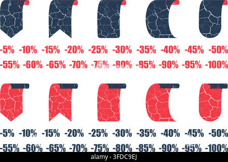 Set of grunge sale tags, discount banners, and ribbons with percentage off numbers. Distressed texture Black Friday promotional labels. Stock Vector