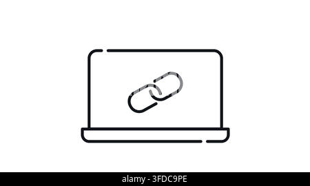 Laptop computer with chain link URL symbol on screen vector icon. Black line art style on white background. Stock Vector