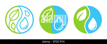 Earth and water symbol, yin yang shaped circle combination of green leaves and blue drops. 3 styles: line icon, filled silhouette logo. Vector design Stock Vector