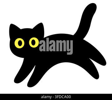 Cute cartoon running black cat drawing. Simple silhouette with yellow eyes, isolated vector clip art illustration. Stock Vector