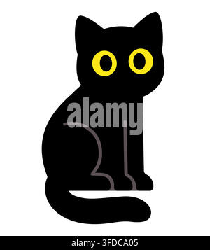 Cute cartoon sitting black cat drawing. Simple silhouette with yellow eyes, isolated vector clip art illustration. Stock Vector