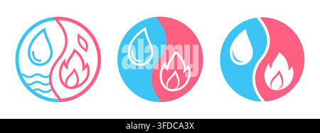 Fire and water symbol, yin yang shaped circle combination of red flame and blue drop. 3 styles: line icon, filled solid silhouette logo. Vector design Stock Vector