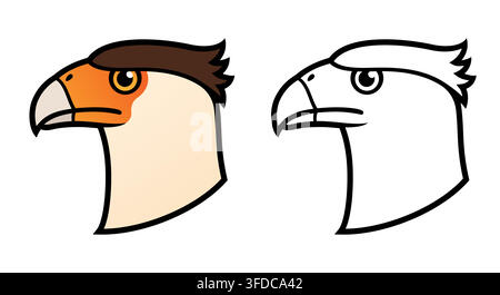 Crested Caracara (Traro, Carancho, Mexican eagle) head profile illustration. Black and white outline and color logo. Isolated vector clipart drawing. Stock Vector
