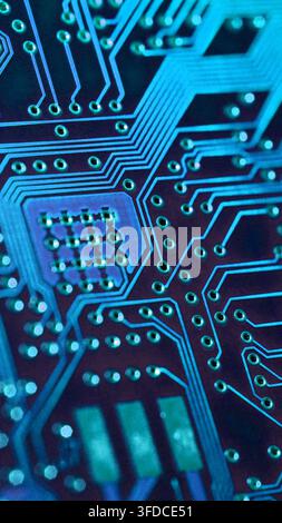 Close up electronic motherboard components wallpaper in vertical format for mobile screens. Stock Photo