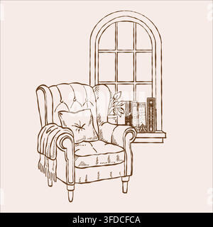 Vintage illustration of a cozy home scene with an armchair, blanket, window and books. Home library. Brown linear clipart Stock Vector