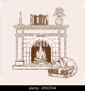 Vintage outline illustration of a cozy home scene with a burning fireplace, books, sleeping cat. Linear clipart in brown color.  Stock Vector